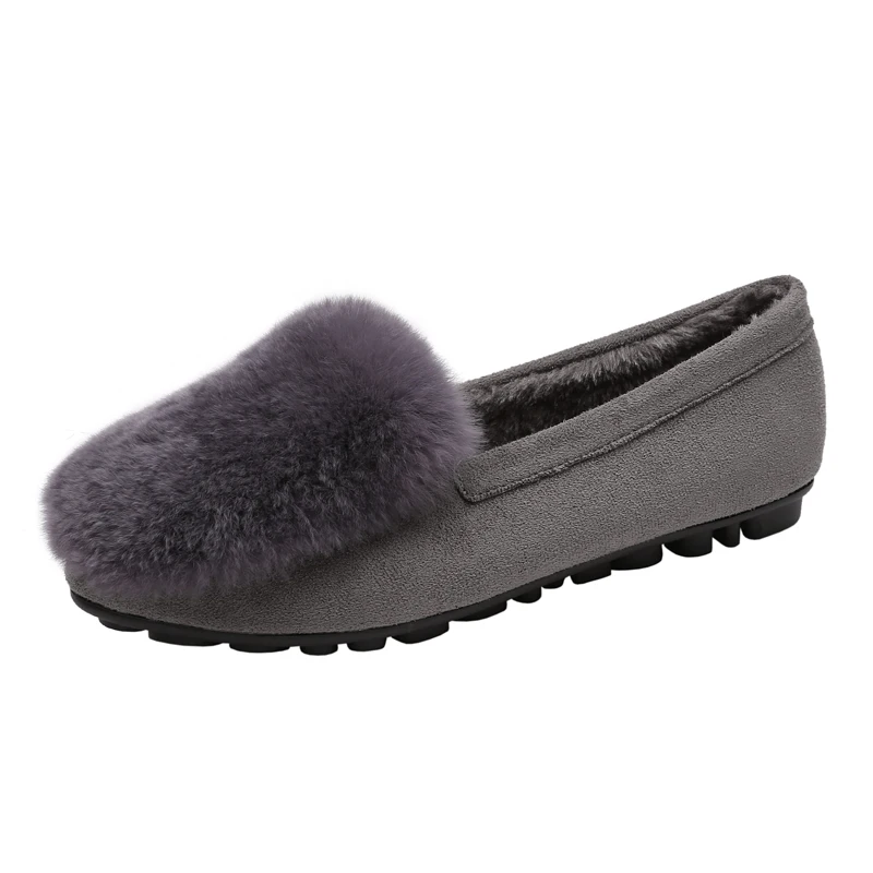 Winter Shoes Woman Flats Rabbit Fluffy Fur Faux Suede Leather Warm Loafers Soft Sole Roll Egg Peas Ballet Flat Mother Shoes