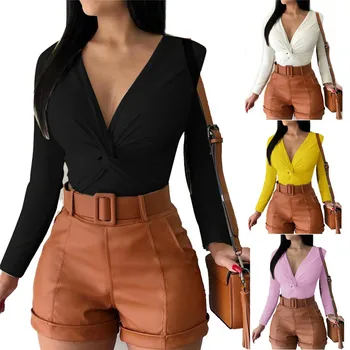 

New Womens V Neck Tie Design Long Sleeve Tops Slim Winter T-Shirts Blouses Slim Fit V Neck Pleated Solid Blouse T-shirt