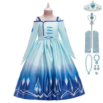 

New Cartoon Movie Elsa Blue Gradient Dress For Girl Fancy Princess Party Outfit Ice Pattern Gown Long Sleeve Off Shoulder Frocks