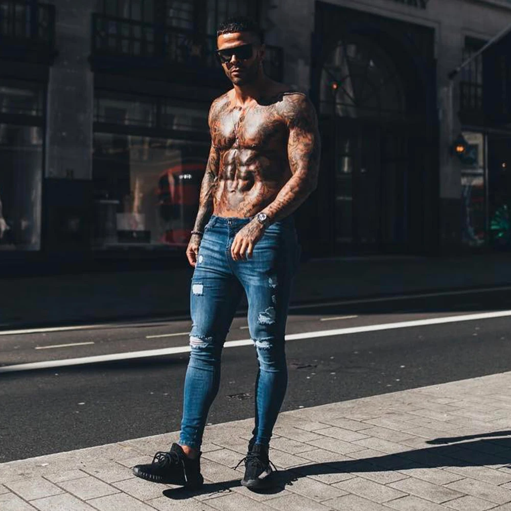 Spray on Men Jeans Pants Slim Fit Spring Hole Long Pencil Pants Ripped Fashion Thin Stretch Skinny Male Hip-hop Jogging