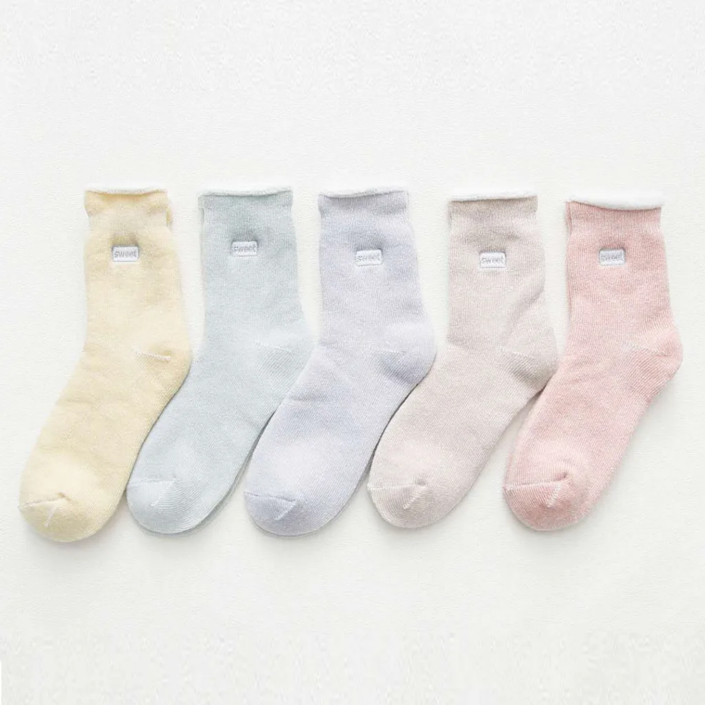 5 пар, зимние женские носки с вышитыми буквами, утепленные женские милые хлопковые теплые носки средней длины, calcetines mujer