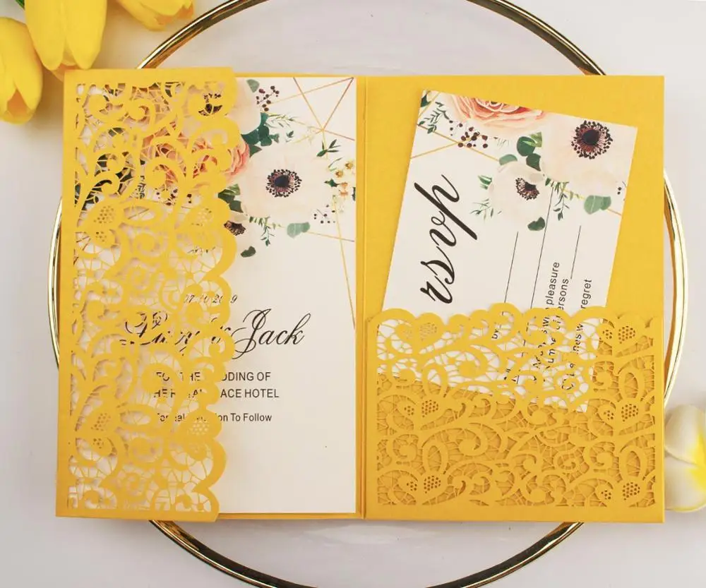 Burgundy Navy Blue Rose Gold Vine Vantage Tri-fold Shinny Glitter Paper Laser Cut Pocket Wedding Invitation Cards Envelope 1pcs