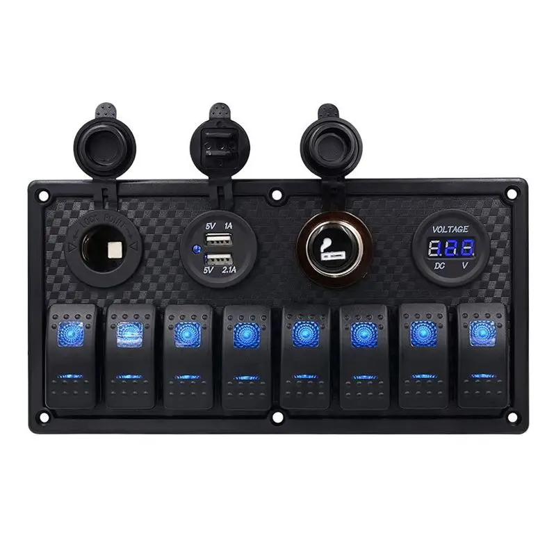 

Boat Marine Rocker Switch Panel 8 Gang Waterproof ON Off Toggle Switches with Digital Voltage Display 3.1A Dual USB Power Charge