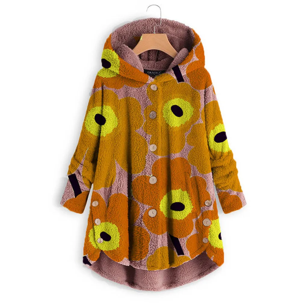 Модное женское пальто, модное пальто на пуговицах, с принтом, пушистые топы, пуловер, свободный свитер, Женское зимнее пальто#45
