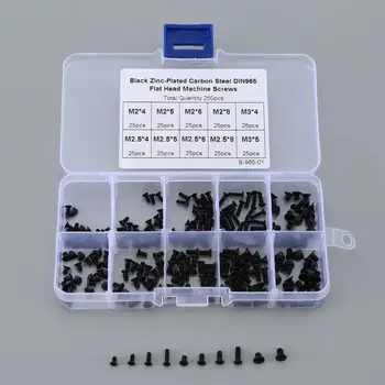 

250pcs M2 M2.5 M3 Black Zinc-platec Carbon Steel DIN965 Flat Head Machine Screws Combination Set B-965-01