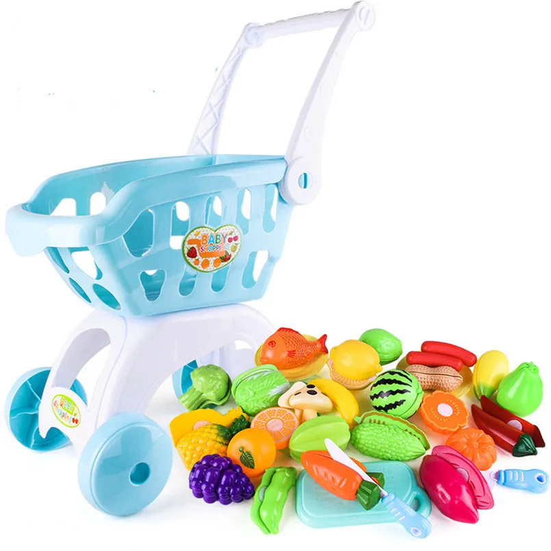 28Pcs/set Kids Large Supermarket Shopping Cart Trolley Push Car Toys Basket Simulation Fruit Food Pretend Play House Girls Toy 5