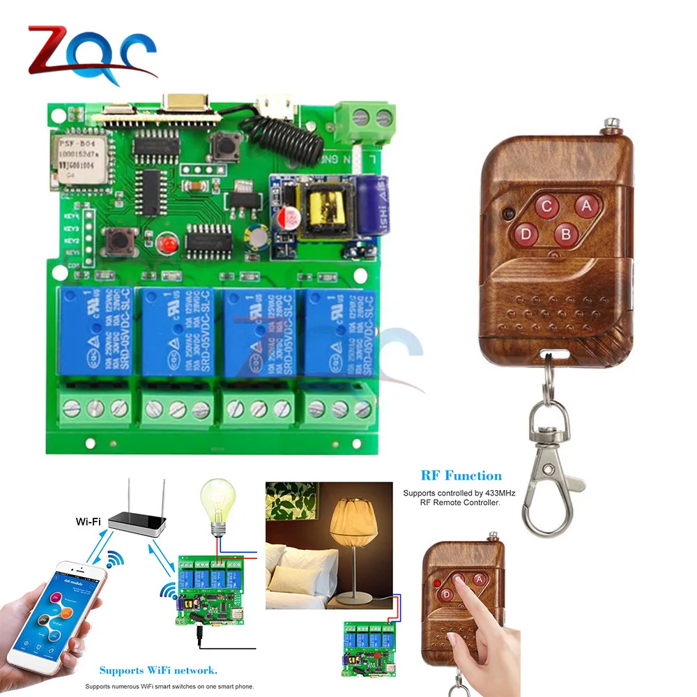 Sonoff WiFi переключатель 433 МГц 4 канала AC 85-220 В WiFi переключатель таймер релейный модуль RF с 433 МГц пульт дистанционного управления для умного дома