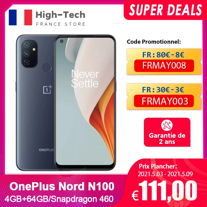 OnePlus-teléfono inteligente Nord N100, versión Global, 4GB y 64GB, Snapdragon 460, 90Hz, pantalla de 6,52 pulgadas, cámaras triples de 13MP, batería de 5000 mAh, 18W