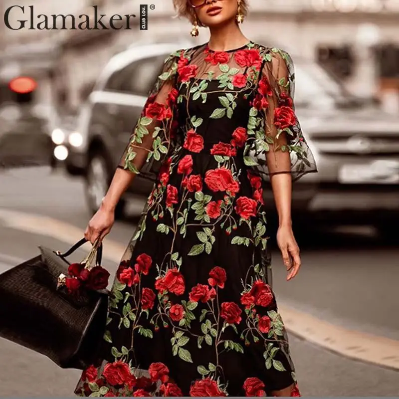 Glamaker цветочный костюм из двух частей Сетчатое черное платье женские зимние Сексуальные вечерние платья больших размеров осеннее женское облегающее элегантное платье для клуба
