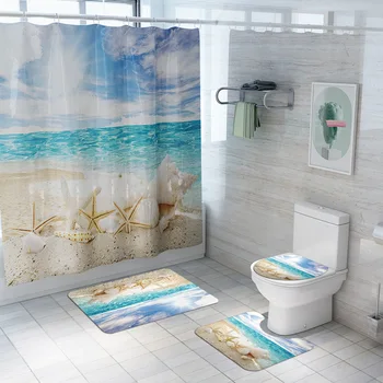 

Beach Scenery Shower Curtain 4pcs / Set of Waterproof Curtain Bathroom Partition Absorbent Bath Mat Toilet Cover