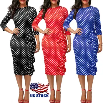 

BacklakeGirls Elegant Dot Pattern Suit-dress 2019 Wave Point Round Neck Sawtooth Wave 3/4 Sleeve Evening Dress Vestidos De Festa