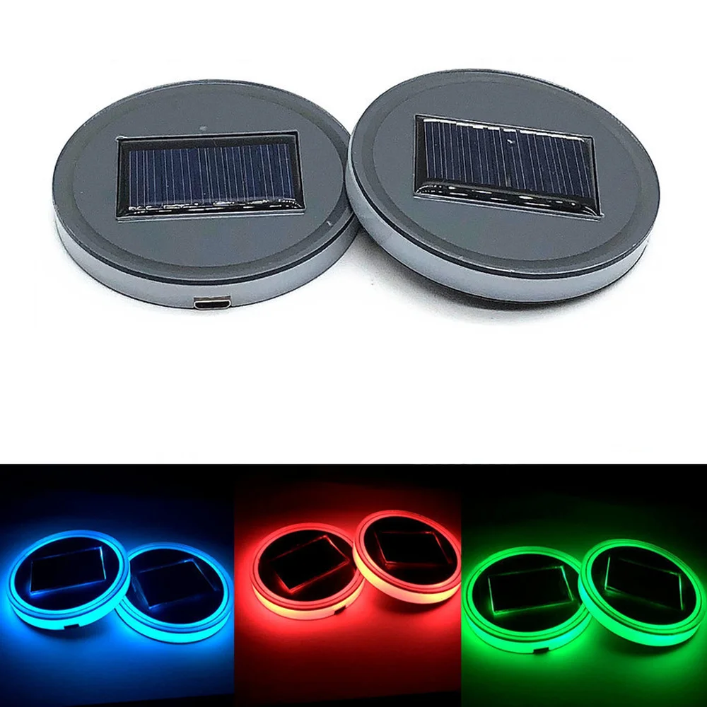 

1X Car LED Solar car cup mat Water Cup Pad Night light USB colorful RGB interior atmosphere light non-slip