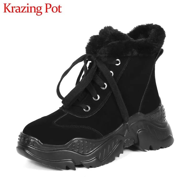 

Krazing Pot snow boots fashion thick bottom super keep warm campus lace up round toe winter women cow leather ankle boots L23