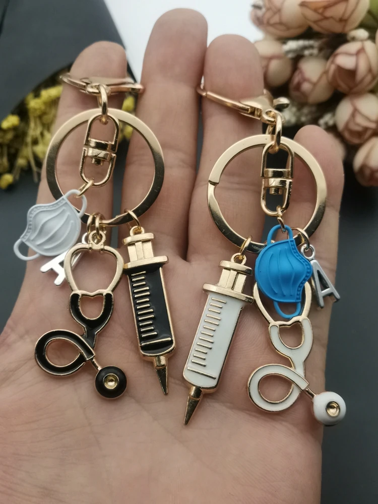 Key Rings Key Chains A-Z Letters New Design Keychain Doctor Medical Tool Stethoscope Syringe Face Mask Nurse Medical Gift Keychain Souvenir
