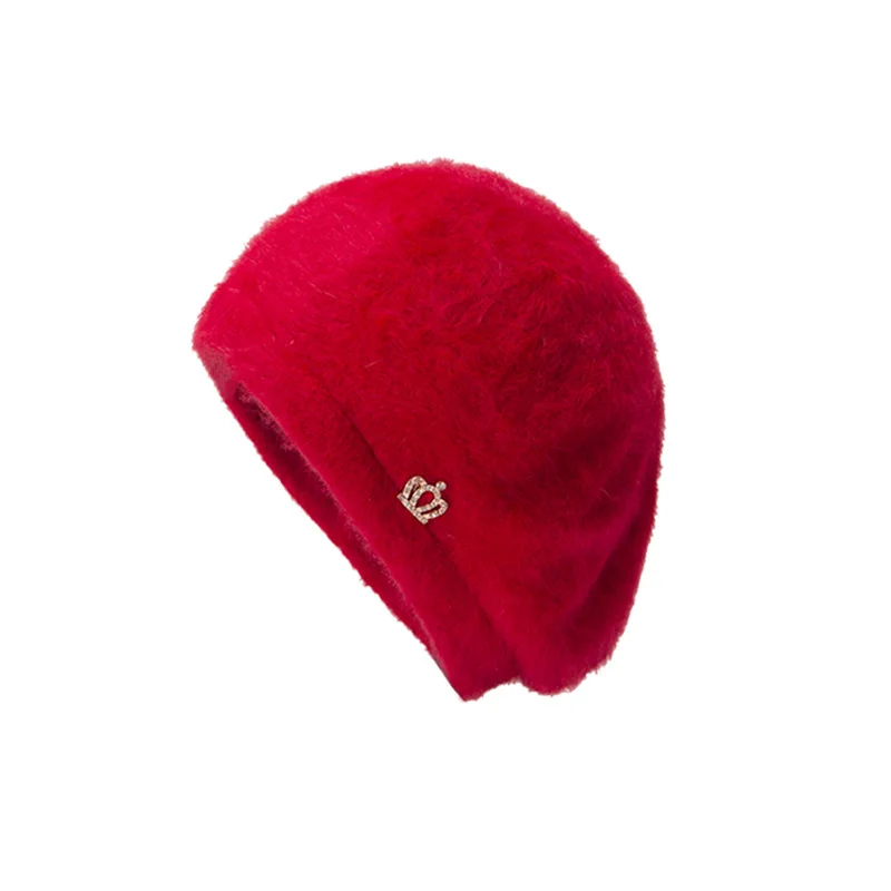 Women's Autumn And Winter Wool Warm Beanie Paint Cute Knitted Plus Velvet Cap Crown Acrylic Diamond Elegant Rabbit Fur Hat