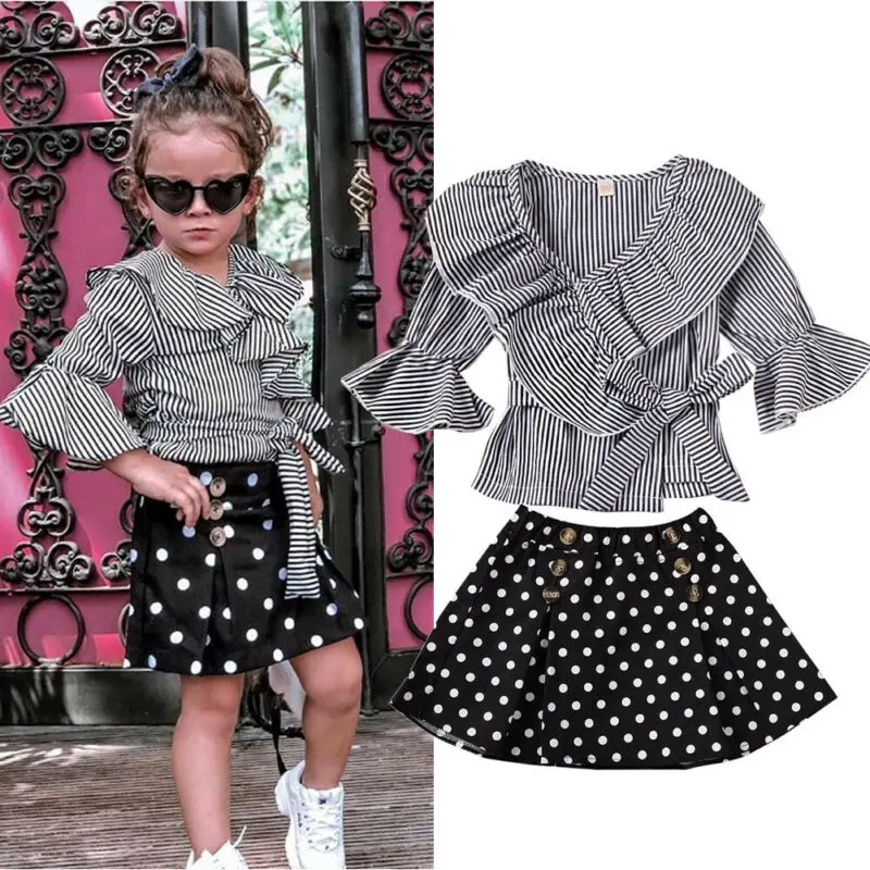 

Fashion Infant Baby Girl Kid Clothes Sets Striped Trumpet Sleeve Top + Polka Print A-Line Skirt Outfit Set 1-6Y