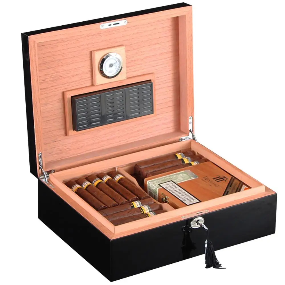 COHIBA Large Capacity Humidor Cigar Case Cedar Wood Cigar Box Black Cigar Accessories with Cigar Humidifier Hygrometer