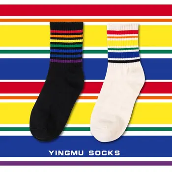 

Rainbow Stripes Women Crew Socks Men Women White Socks Harajuku Style Absorb Sweat Stripe Autumn Winter Cotton Socks Casual Crew