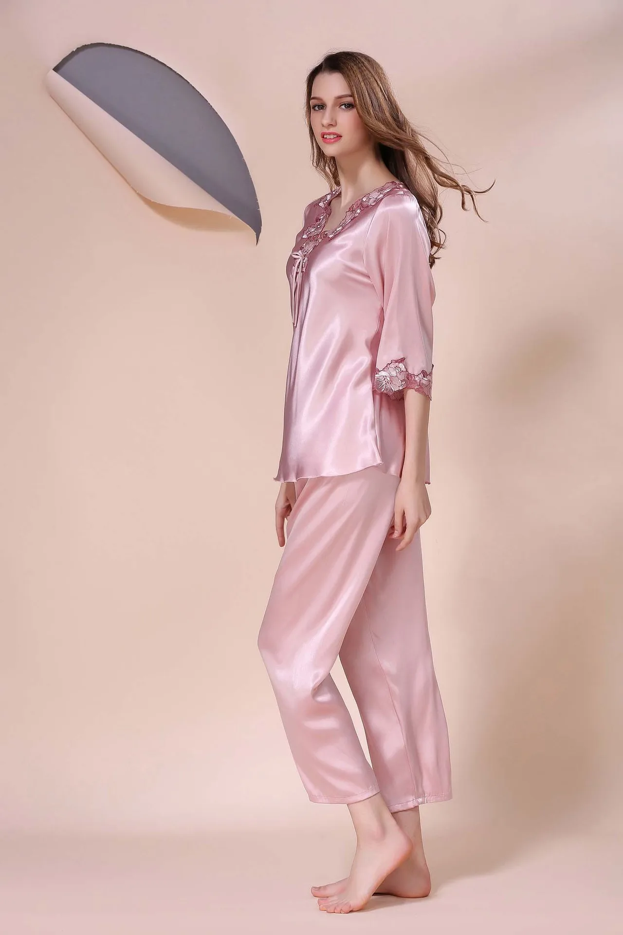 Сексуальная пижама, Женский пижамный комплект, шелковые пижамы для женщин, одежда для сна, розовая Дамская пижама с длинным рукавом, комплект из двух предметов, женское белье, женская одежда