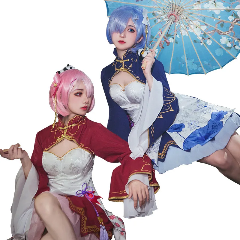 Anime Ramu RAM REM Cheongsam Vintage Sexy Dress Women Girl Re Zero Kara Hajimeru Isekai Seikatsu Cosplay Costume Wigs Hair |