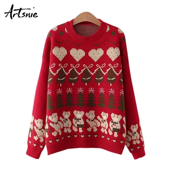 

Artsnie christmas cartoon print women sweater winter o neck long sleeve knitted pull femme streetwear casual red sweaters jumper