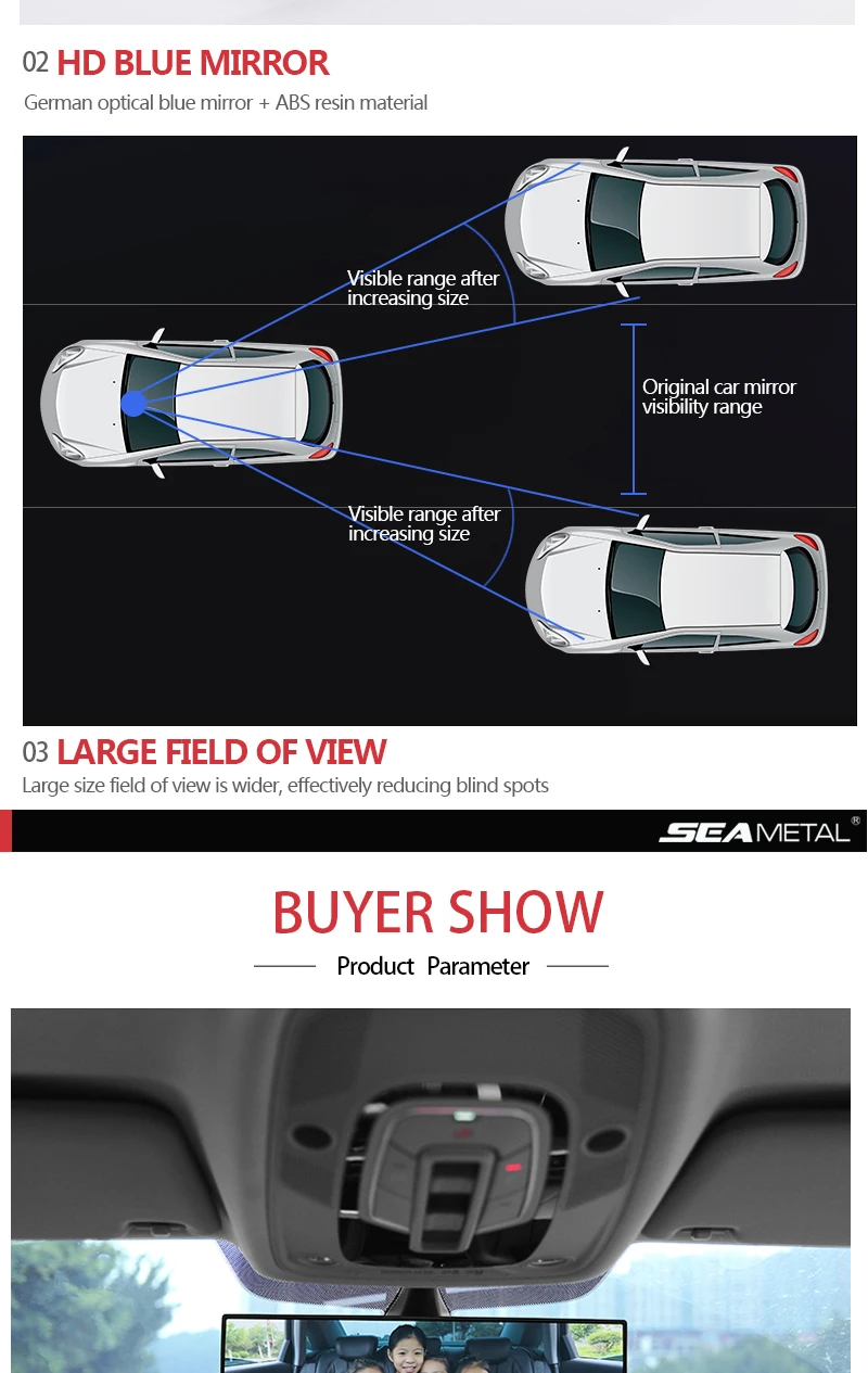 270 300mm Auto Assisting Mirror Large Vision Anti-glare Proof Car Rear View Mirror Angle Panoramic Car Interior Rearview Mirror
