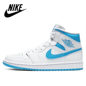 

Classic Nike Air Jordan 1 Mid Original Women's Basketball Sneakers Unisex Men Breathable Nike Air Jordan 1 Mid Blue White