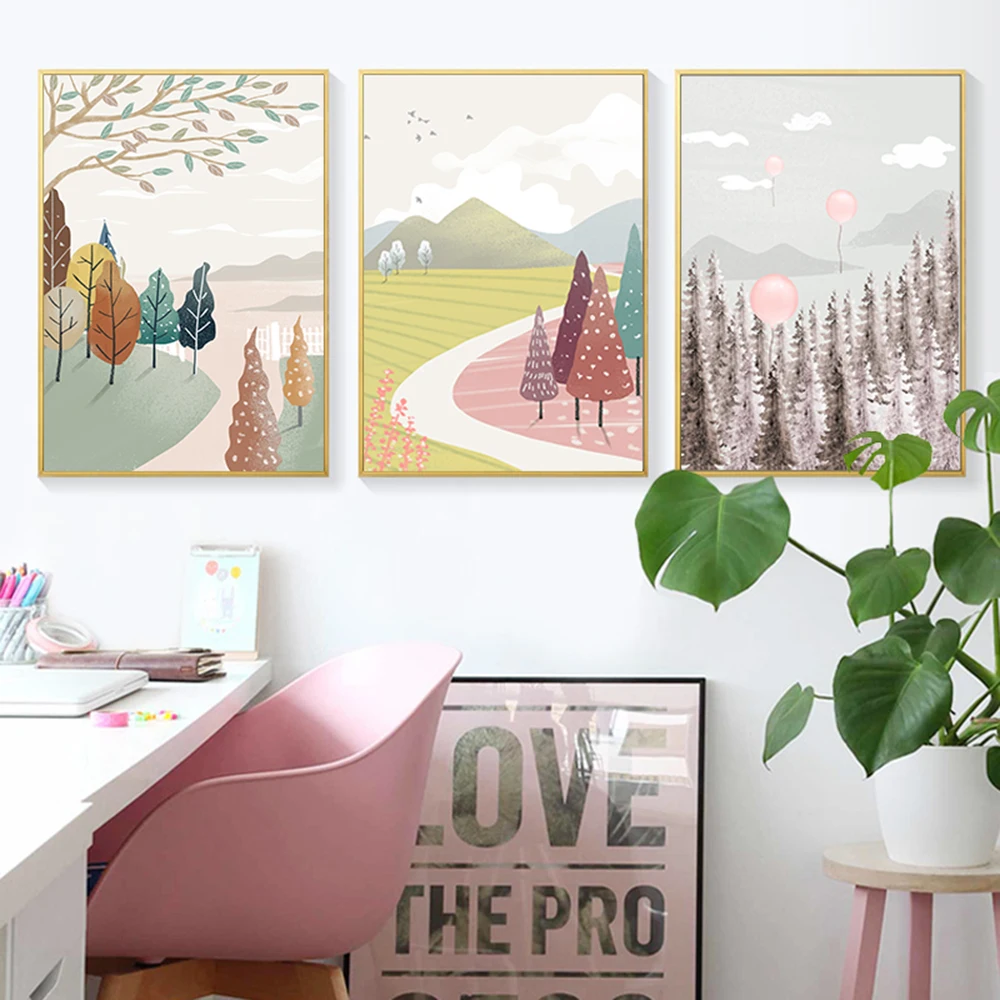 

Nordic Four Seasons Landscape Forest Field Canvas Prints Road Balloon Painting Poster Modern Wall Art Pictures for Living Room