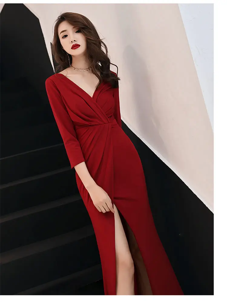 Это Yiya вечернее платье 2019 с v-образным вырезом три четверти Бургундия элегантное женское вечернее платье длинное, узкое платье E791