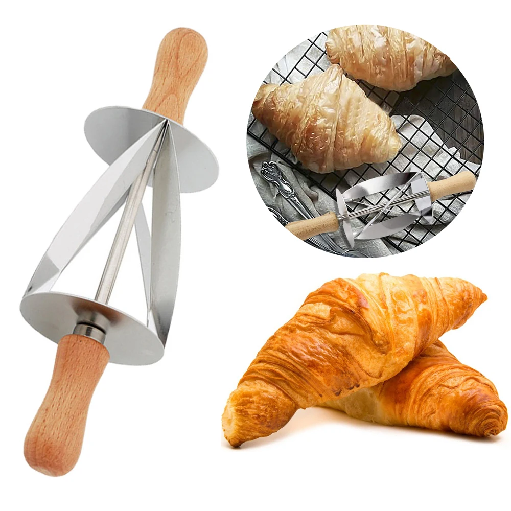 

Stainless Steel Rolling Dough Cutter For Making Croissant Cake Decorating Tools Wooden Handle Rolling Knife For Croissant Bread