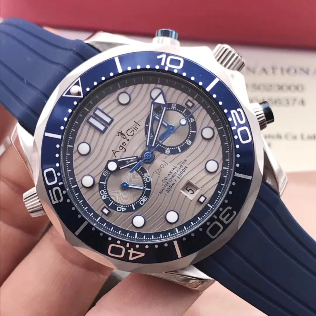 

Luxury Brand New Men Automatic Mechanical Watch Silver Blue Grey Dial James Bond 007 Rubber Ceramic Sapphire Master Watches 44MM