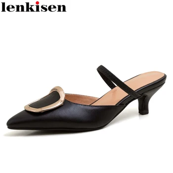 

Lenkisen simple style handmade cow leather pointed toe med thin heels metal fasteners mules slip on office lady dress pumps L38