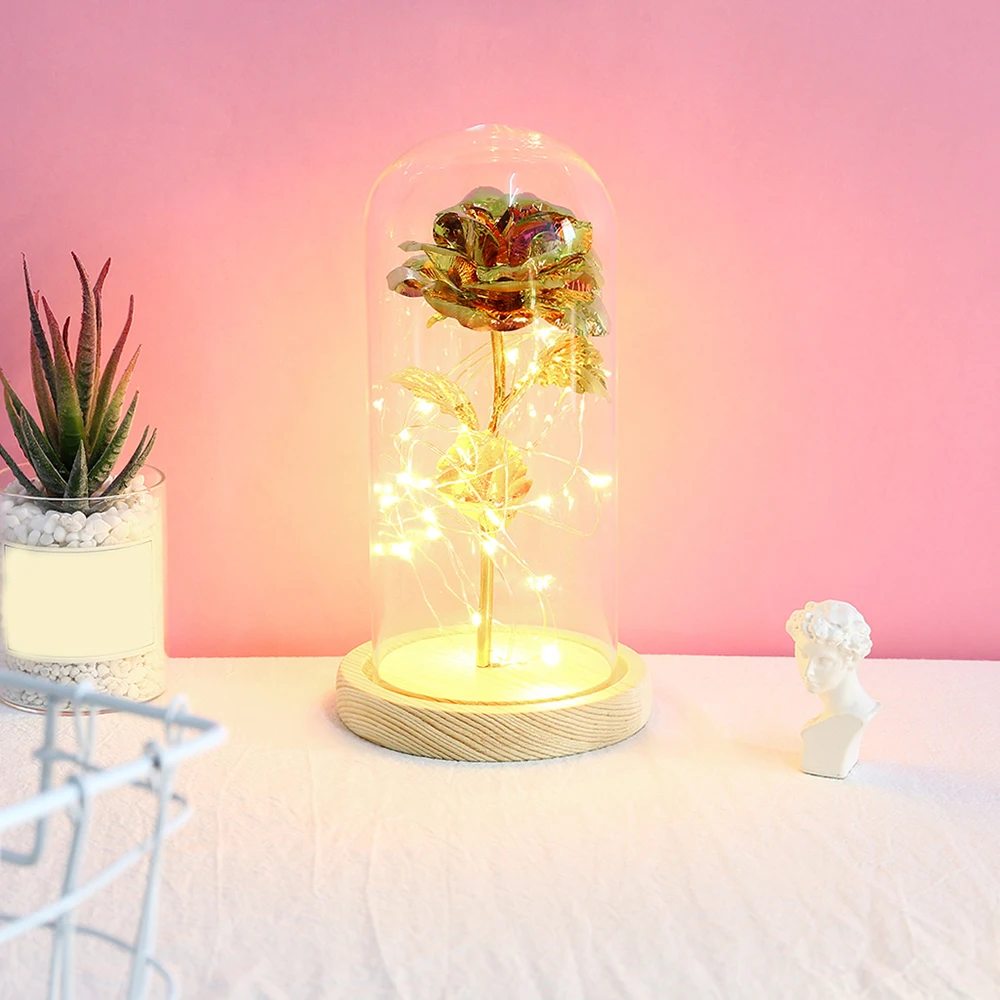 

Eternal Rose Flower in Glass Dome Flower Gold Leaf Rose LED String Light Valentine's Day Gift Monden New Dropshipping N4