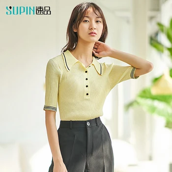 

SUPIN Spring Women POLO Collar Knit T Shirt Fashion Patchwork Half Sleeve Single-breasted Female Tops 519132001