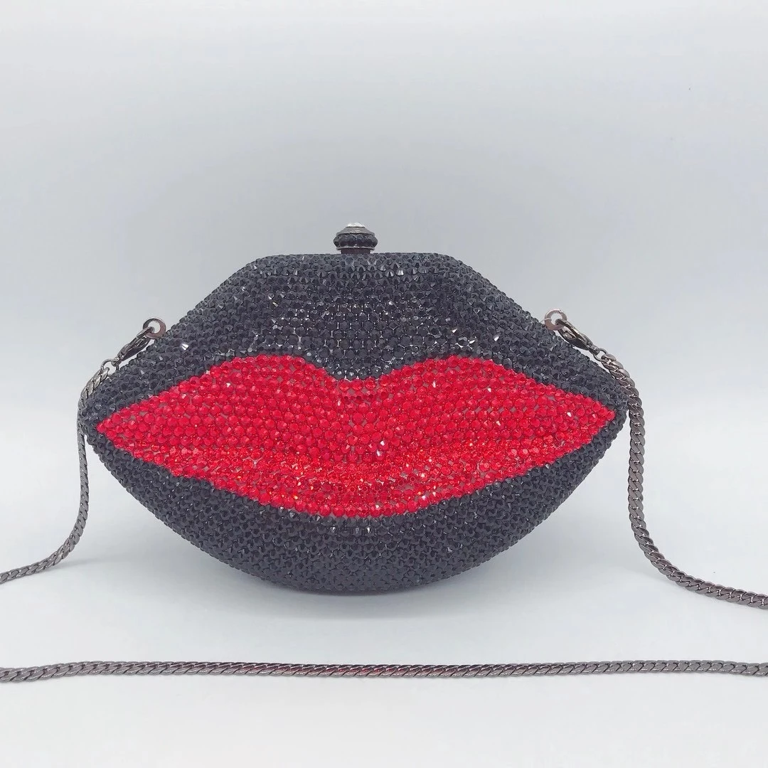 Luxury Black/Red Diamond Mouth Shape Evening Bag Purse Women Minaudiere