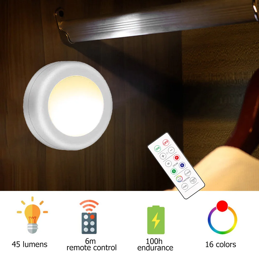 

1/3/6pcs 16 Color LED Touch Night Light Battery Power Remote Control Lamp Dimmable Wireless Touch Sensor Cabinet Light for Home