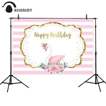 

Allenjoy Pink Stripes Photobooth Cartoon Swan Golden Happy Birthday Dot Flowers Party Banners Baby Shower Girl Event Wallpaper