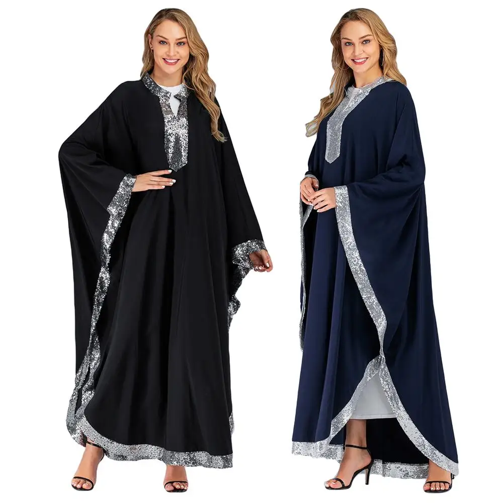 

Dubai Women Muslim Bat Sleeve Abaya Dress Kaftan Vintage Prayer Farasha Islamic Robes Loose Sequins Glitter Dress Arab Jilbab