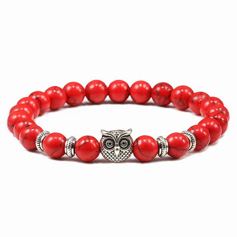 Мужской браслет из камня тигровый глаз, 8 мм Малахитовый браслет с головой совы, очаровательные браслеты из бисера, женский браслет, браслет для йоги, ювелирные изделия, браслеты - Окраска металла: Red