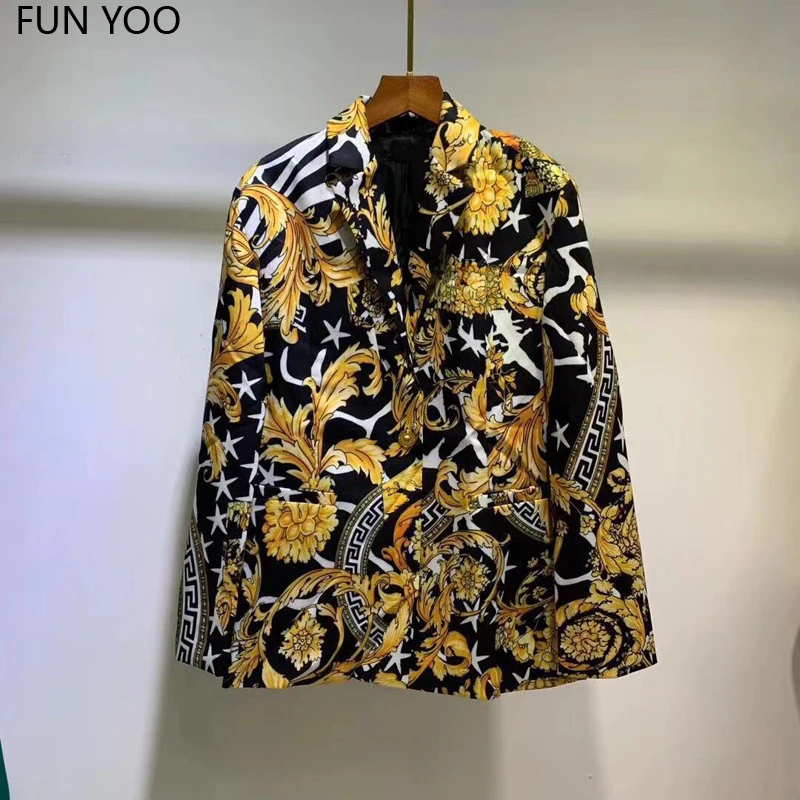

2019 Woman Autumn Blazers Coat Notched Collar Floral Single Breasted High Street Fashion Chic Full Sleeves Slim Joker