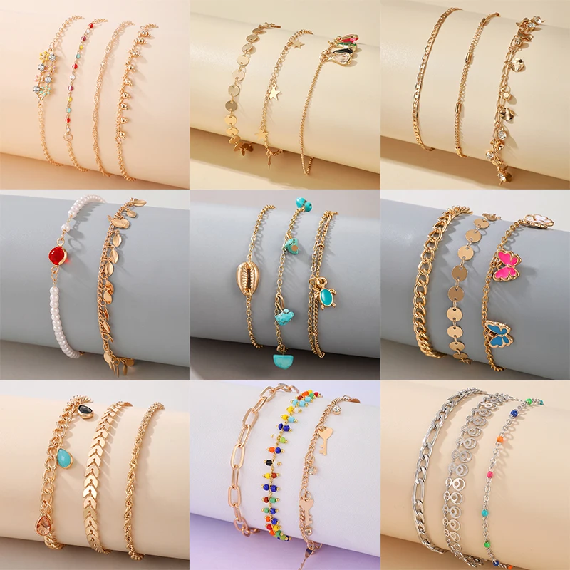 docona 14 style Bohemia Shell Tortoise Gem Anklet Set for Women Butterfly Crystal Star Multilayer Alloy Anklets Beach Jewelry