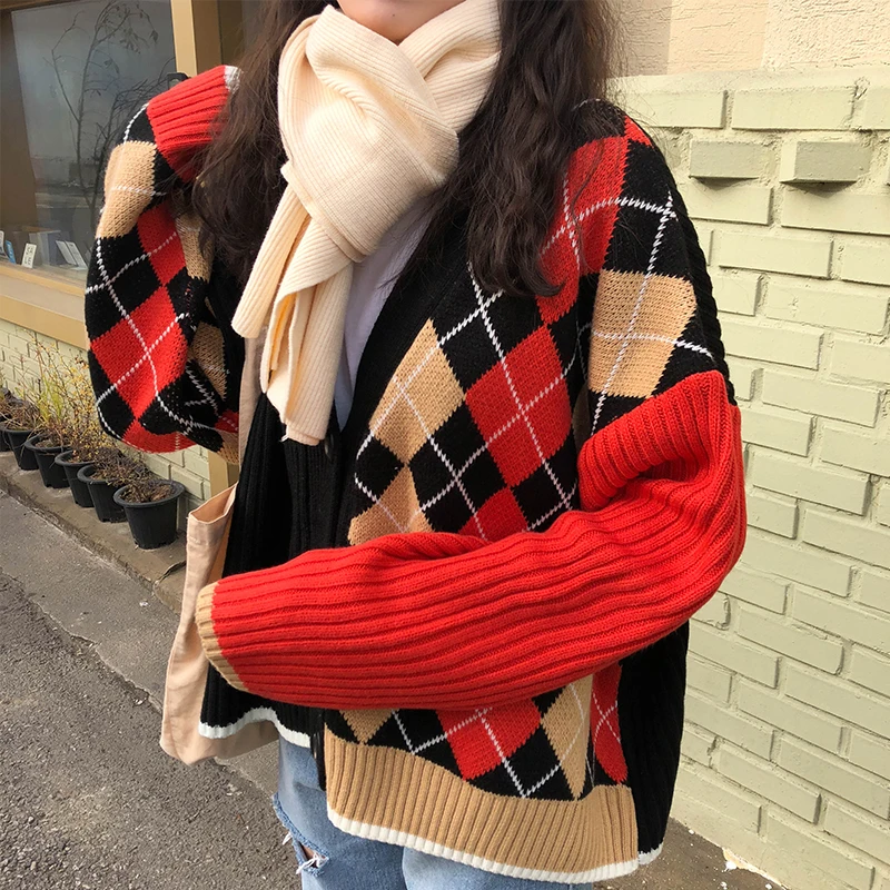 

3 colors 2019 spring and autumn korean style color patchwork V neck plaid knittd cardigans womens sweaters womens