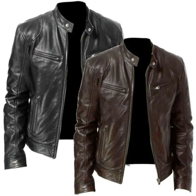 Мужская куртка из натуральной кожи, мужская приталенная теплая куртка, мотоциклетная куртка из овчины, стоячий воротник, пальто из натуральной кожи