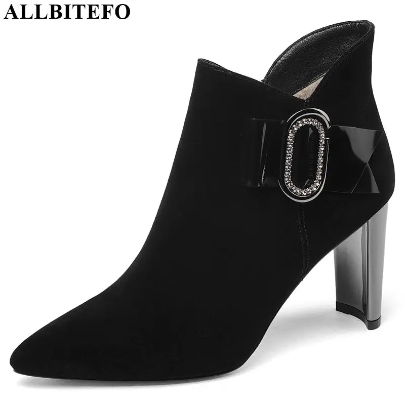 

ALLBITEFO real genuine leather women boots comfortable Rhinestone ankle boots Autumn Winter high heel fashion boots Pure color
