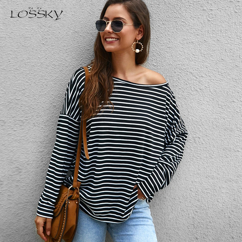 

Lossky Sweaters Women Long Sleeve Black Striped Knitting Pullovers Top Autumn Casual Ladies Clothing Loose Leisure Knitwear 2019