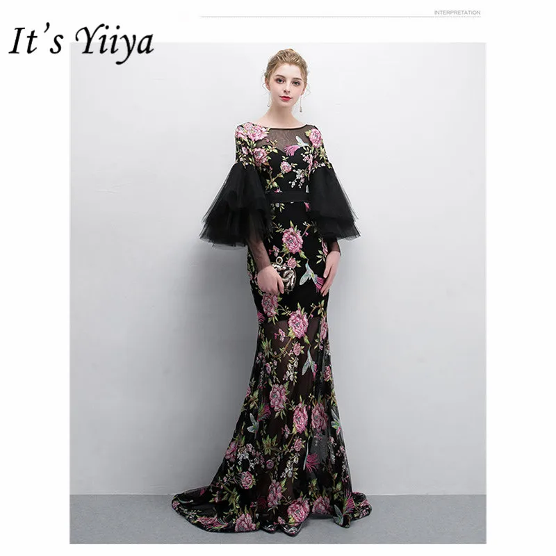 It's Yiya вечернее платье элегантное с круглым вырезом и рюшами платье русалки De Soiree три четверти длиной до пола женские вечерние платья V113