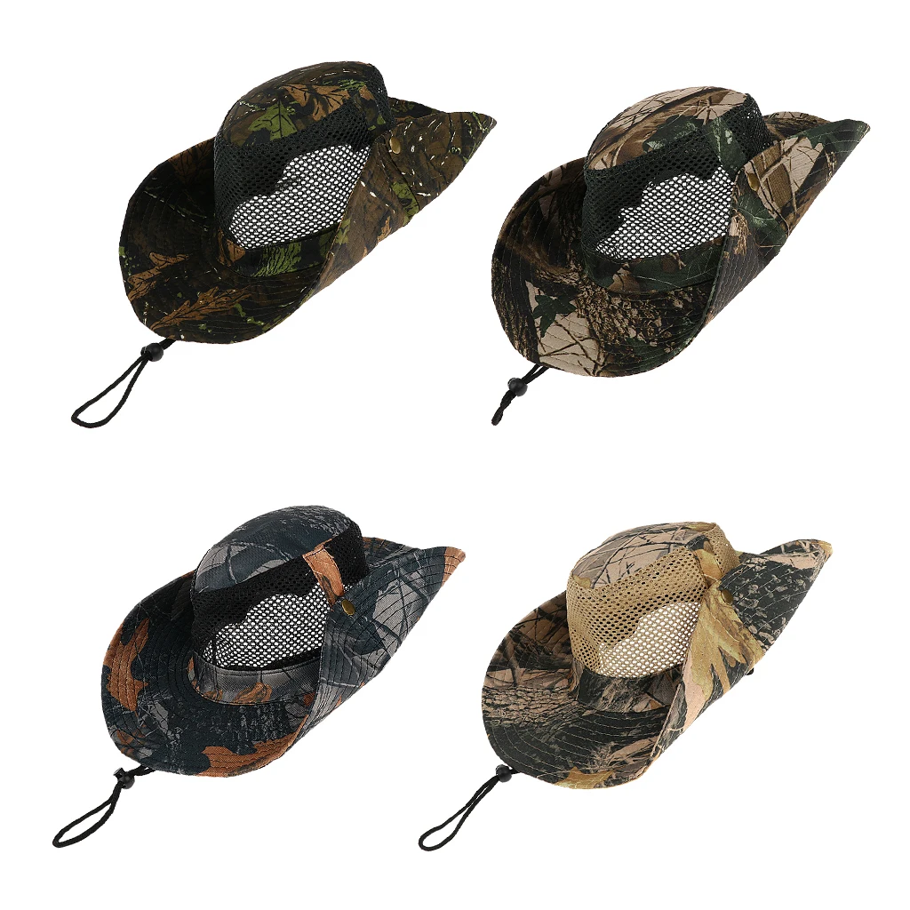 Camouflage Wide Brim Hat Fishing Bucket Bonnie Safari Sun Cap Windproof Polyester Fishing Caps for Women Men