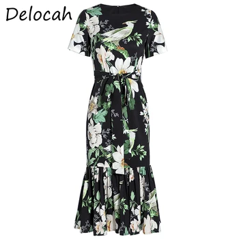 

Delocah Summer Women Fashion Runway Midi Dress Short Sleeve Bow Sashes Floral Print Ladies Bodycon Mermaid Dresses vestidos 2020