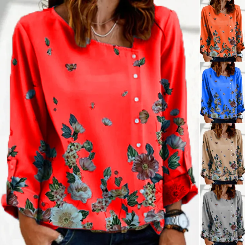 New Autumn and Winter Floral Print Long Sleeve T shirts Women Casual