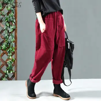 

ZANZEA Women Corduroy Pants Autumn Elastic Waist Solid Long Trousers Vintage Corduroy Harem Pants Loose Turnip Pantalon Casual